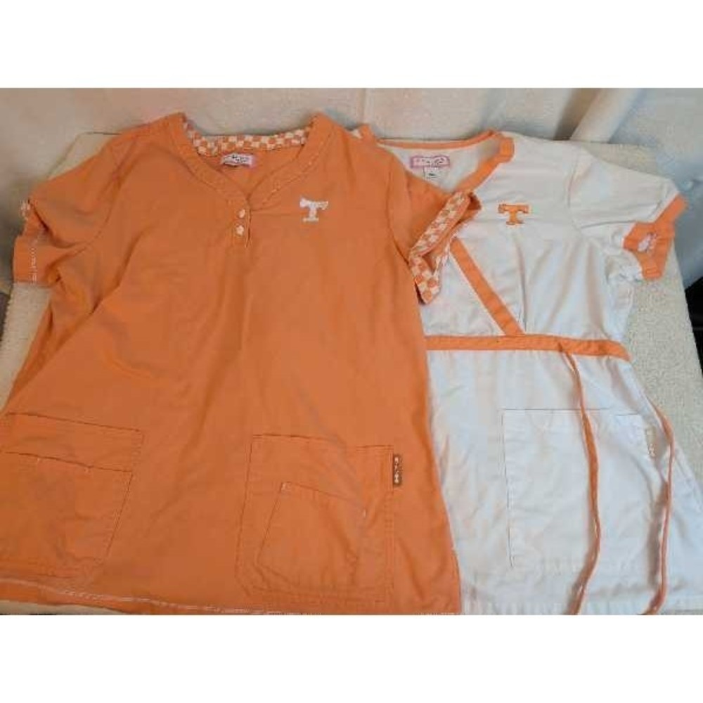 Lot Of 2 Koi by Kathy Peterson Size L Orange White Scrub Top Tennessee Vols T